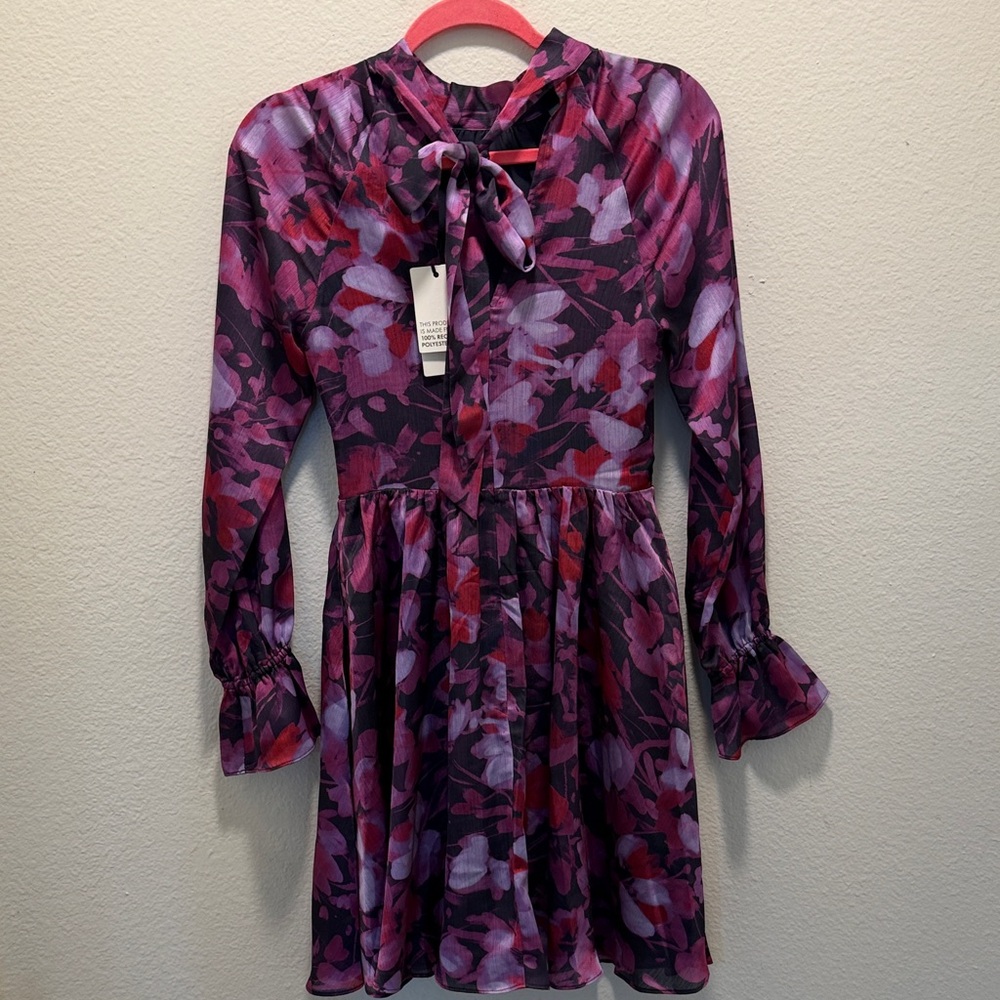 NWT Ted Baker Sammieh Purple Floral Long Sleeve High Neck Flare Mini Dress Sz: 0 - Picture 7 of 14